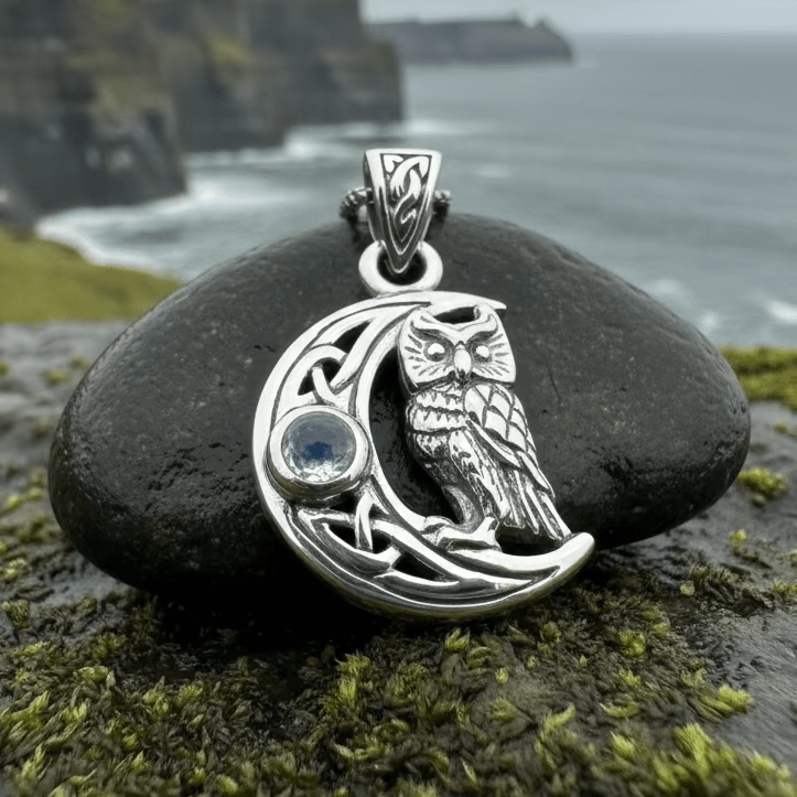 Owl Crescent Moon Necklace in Sterling Silver Pendant La Vie Bien Owl Crescent Moon Necklace in Sterling Silver