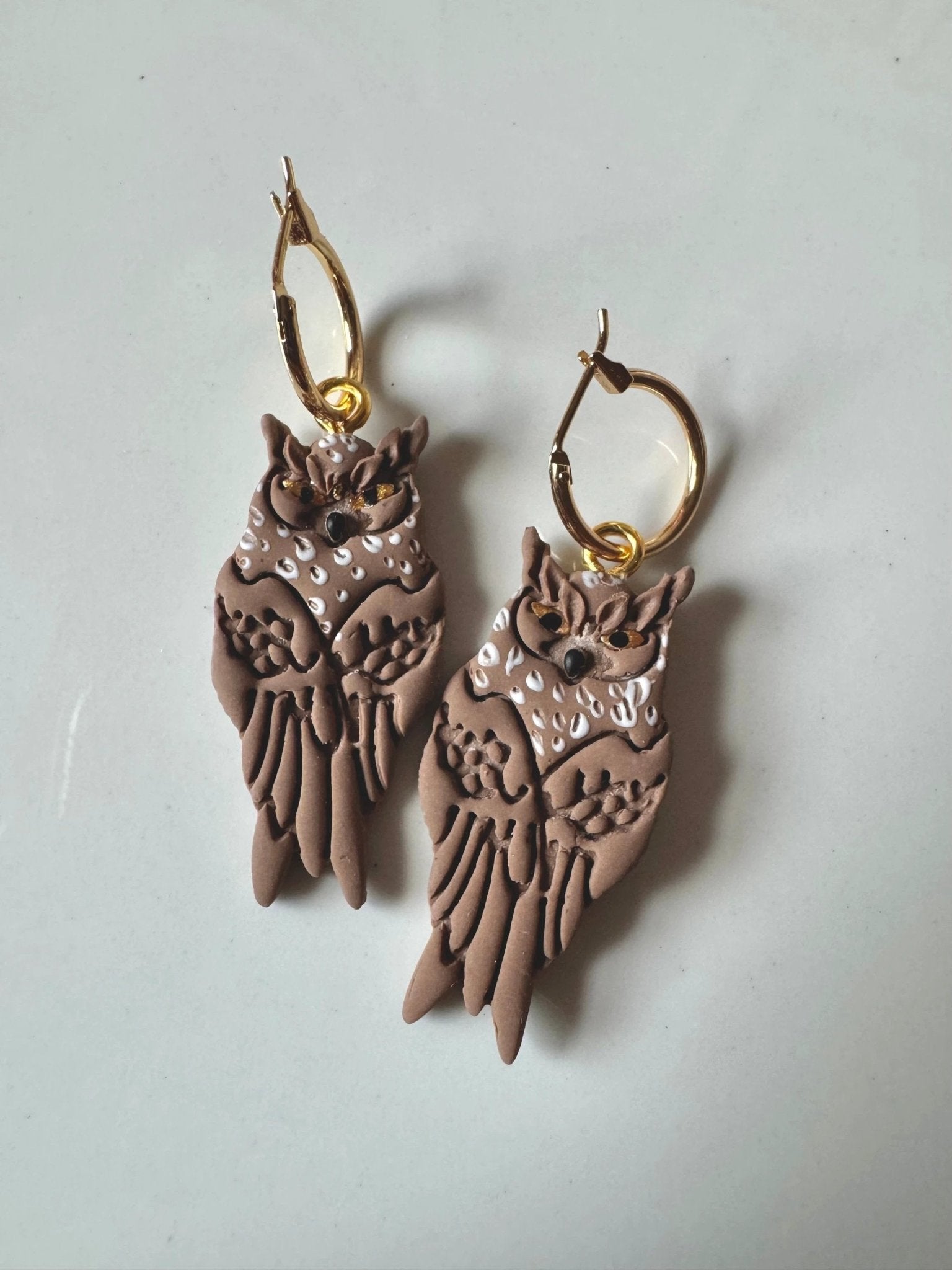 Owl Hoop Earrings, 14k gold plated, handmade with polymer clay. Nickel free by Shop Something Earthy
