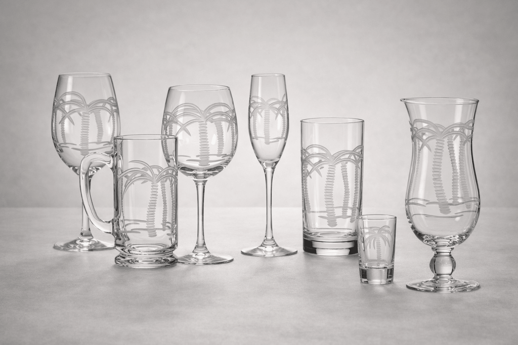 Palm Tree Etched Glassware Kitchen Accessories La Vie Bien Palm Tree Etched Glassware