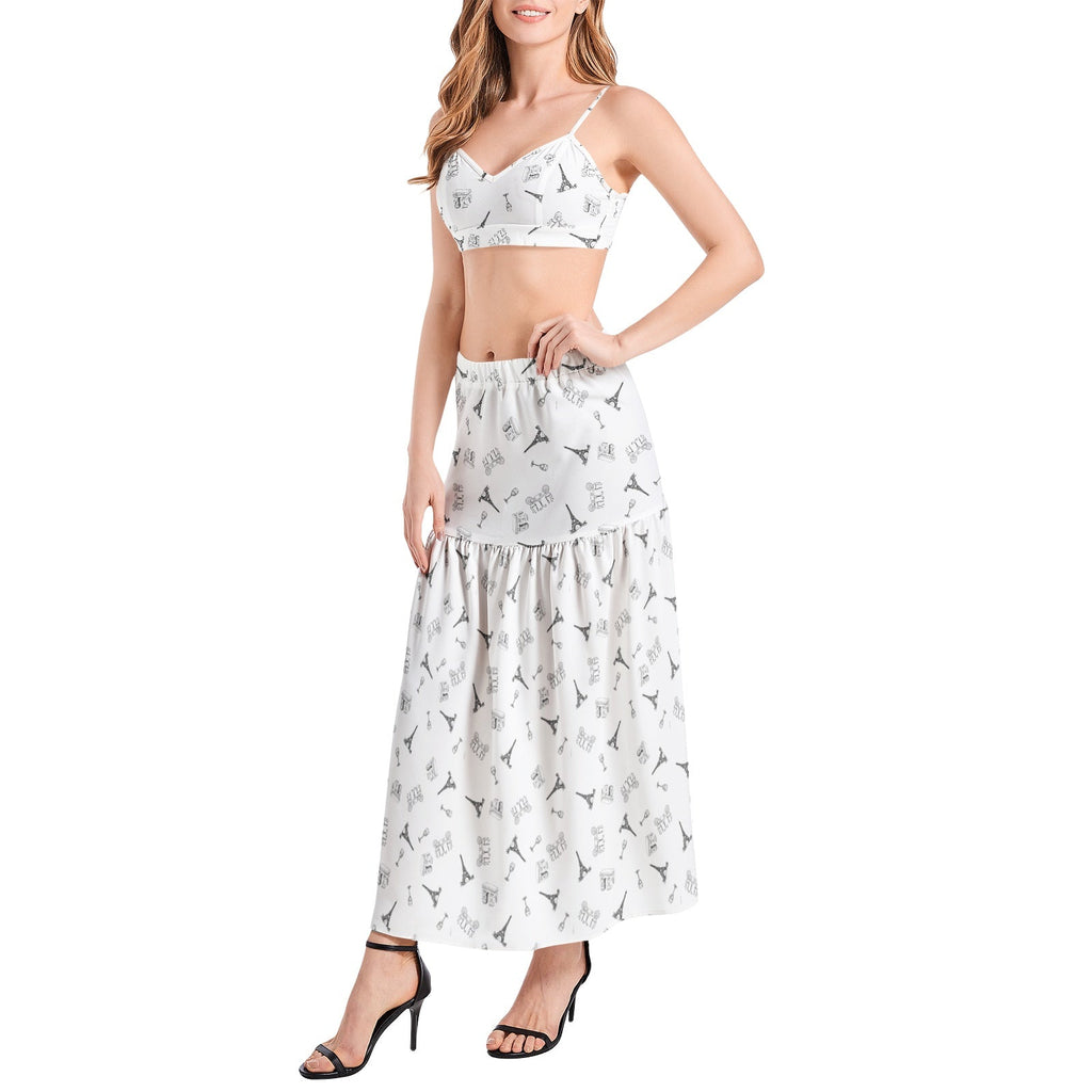 Parisian Dreams Bralette Top and High Slit Thigh Skirt Set with Eiffel Tower, Arc de Triomphe, wine glasses, and bistro table with chairs Two-pieces La Vie Bien Parisian Dreams Bralette Top and High Slit Thigh Skirt Set with Eiffel Tower, Arc de Triomphe, wine glasses, and bistro table with chairs