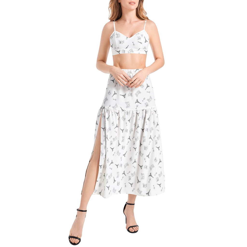 Parisian Dreams Bralette Top and High Slit Thigh Skirt Set with Eiffel Tower, Arc de Triomphe, wine glasses, and bistro table with chairs Two-pieces La Vie Bien Parisian Dreams Bralette Top and High Slit Thigh Skirt Set with Eiffel Tower, Arc de Triomphe, wine glasses, and bistro table with chairs