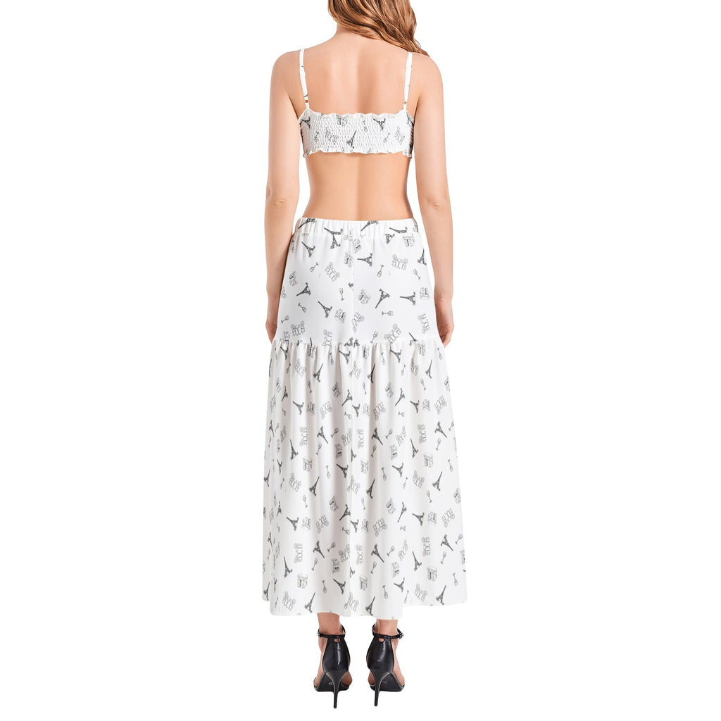 Parisian Dreams Bralette Top and High Slit Thigh Skirt Set with Eiffel Tower, Arc de Triomphe, wine glasses, and bistro table with chairs Two-pieces La Vie Bien Parisian Dreams Bralette Top and High Slit Thigh Skirt Set with Eiffel Tower, Arc de Triomphe, wine glasses, and bistro table with chairs