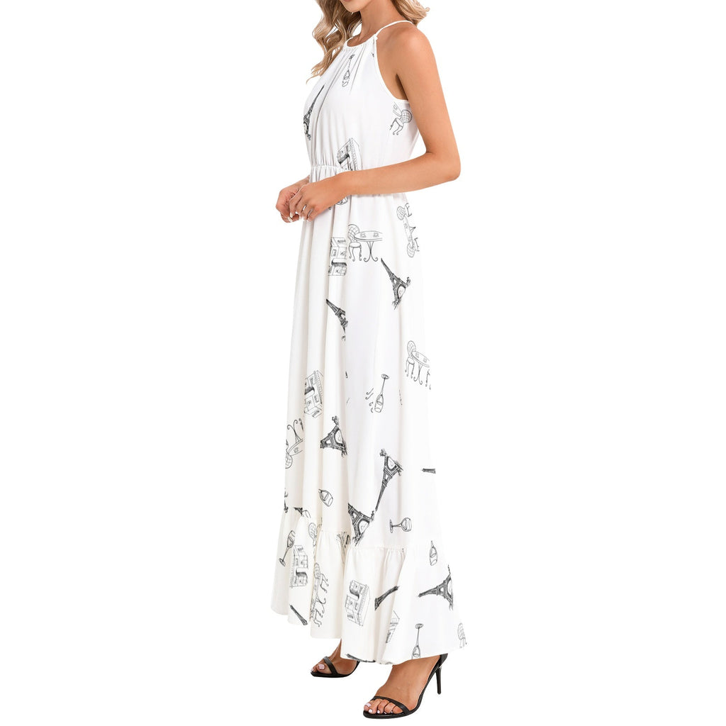 Parisian landmarks Ruffle Hem Halter Neck Maxi Dress, featuring Eiffel Tower, Arc de Triomphe, Wine glasses and bistro table with chairs Dress La Vie Bien Parisian landmarks Ruffle Hem Halter Neck Maxi Dress, featuring Eiffel Tower, Arc de Triomphe, Wine glasses and bistro table with chairs