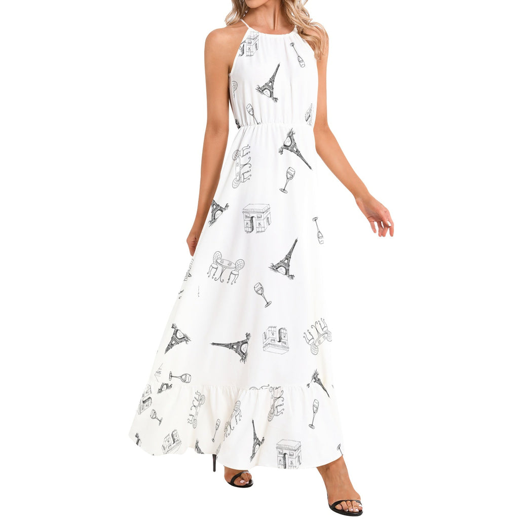 Parisian landmarks Ruffle Hem Halter Neck Maxi Dress, featuring Eiffel Tower, Arc de Triomphe, Wine glasses and bistro table with chairs Dress La Vie Bien Parisian landmarks Ruffle Hem Halter Neck Maxi Dress, featuring Eiffel Tower, Arc de Triomphe, Wine glasses and bistro table with chairs