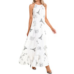 Parisian landmarks Ruffle Hem Halter Neck Maxi Dress, featuring Eiffel Tower, Arc de Triomphe, Wine glasses and bistro table with chairs Dress La Vie Bien Parisian landmarks Ruffle Hem Halter Neck Maxi Dress, featuring Eiffel Tower, Arc de Triomphe, Wine glasses and bistro table with chairs