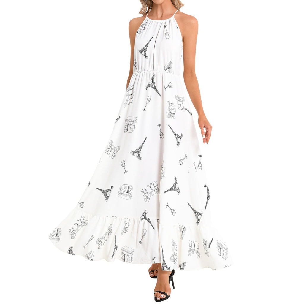 Parisian landmarks Ruffle Hem Halter Neck Maxi Dress, featuring Eiffel Tower, Arc de Triomphe, Wine glasses and bistro table with chairs Dress La Vie Bien Parisian landmarks Ruffle Hem Halter Neck Maxi Dress, featuring Eiffel Tower, Arc de Triomphe, Wine glasses and bistro table with chairs