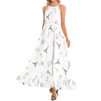 Parisian landmarks Ruffle Hem Halter Neck Maxi Dress, featuring Eiffel Tower, Arc de Triomphe, Wine glasses and bistro table with chairs Dress La Vie Bien Parisian landmarks Ruffle Hem Halter Neck Maxi Dress, featuring Eiffel Tower, Arc de Triomphe, Wine glasses and bistro table with chairs