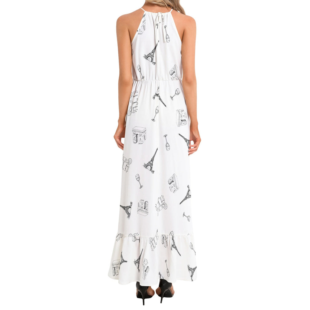 Parisian landmarks Ruffle Hem Halter Neck Maxi Dress, featuring Eiffel Tower, Arc de Triomphe, Wine glasses and bistro table with chairs Dress La Vie Bien Parisian landmarks Ruffle Hem Halter Neck Maxi Dress, featuring Eiffel Tower, Arc de Triomphe, Wine glasses and bistro table with chairs