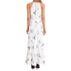 Parisian landmarks Ruffle Hem Halter Neck Maxi Dress, featuring Eiffel Tower, Arc de Triomphe, Wine glasses and bistro table with chairs Dress La Vie Bien Parisian landmarks Ruffle Hem Halter Neck Maxi Dress, featuring Eiffel Tower, Arc de Triomphe, Wine glasses and bistro table with chairs