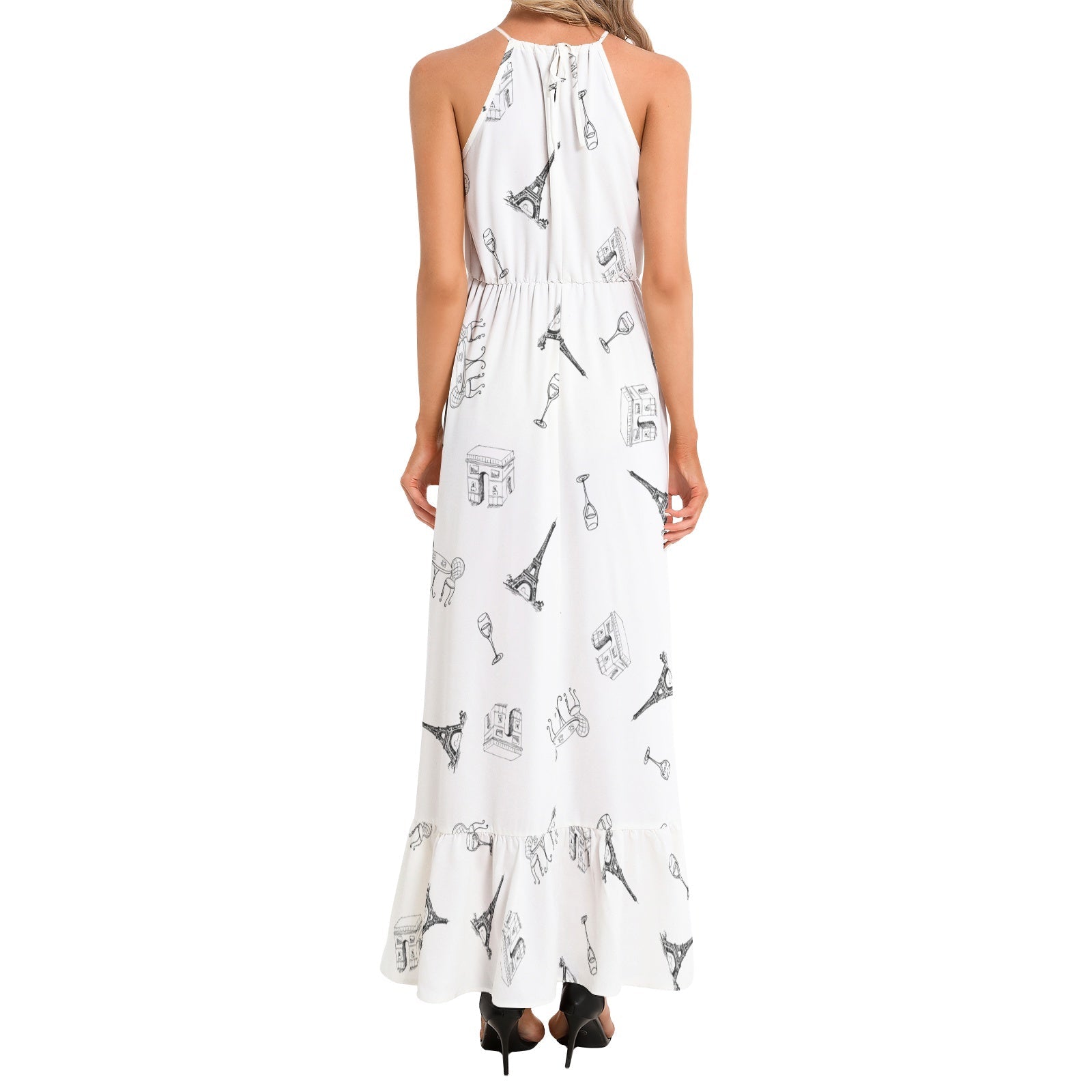 Parisian landmarks Ruffle Hem Halter Neck Maxi Dress, featuring Eiffel Tower, Arc de Triomphe, Wine glasses and bistro table with chairs Dress La Vie Bien Parisian landmarks Ruffle Hem Halter Neck Maxi Dress, featuring Eiffel Tower, Arc de Triomphe, Wine glasses and bistro table with chairs