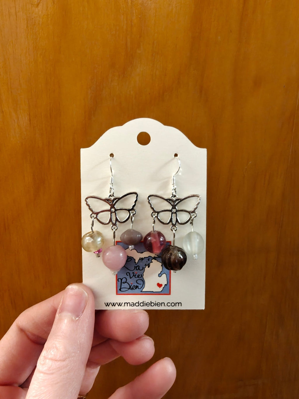 Pastel dreams beaded butterfly earrings, pink purple and white, silver hardware Beaded Earrings La Vie Bien Pastel dreams beaded butterfly earrings, pink purple and white, silver hardware