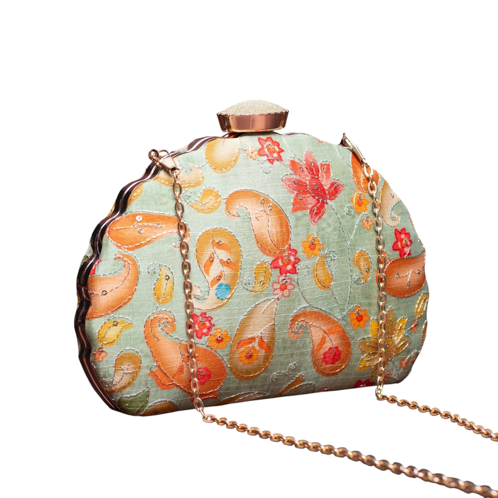 Pastel Green Floral Printed Zari Embroidery D Shaped Clutch Clutch La Vie Bien Pastel Green Floral Printed Zari Embroidery D Shaped Clutch