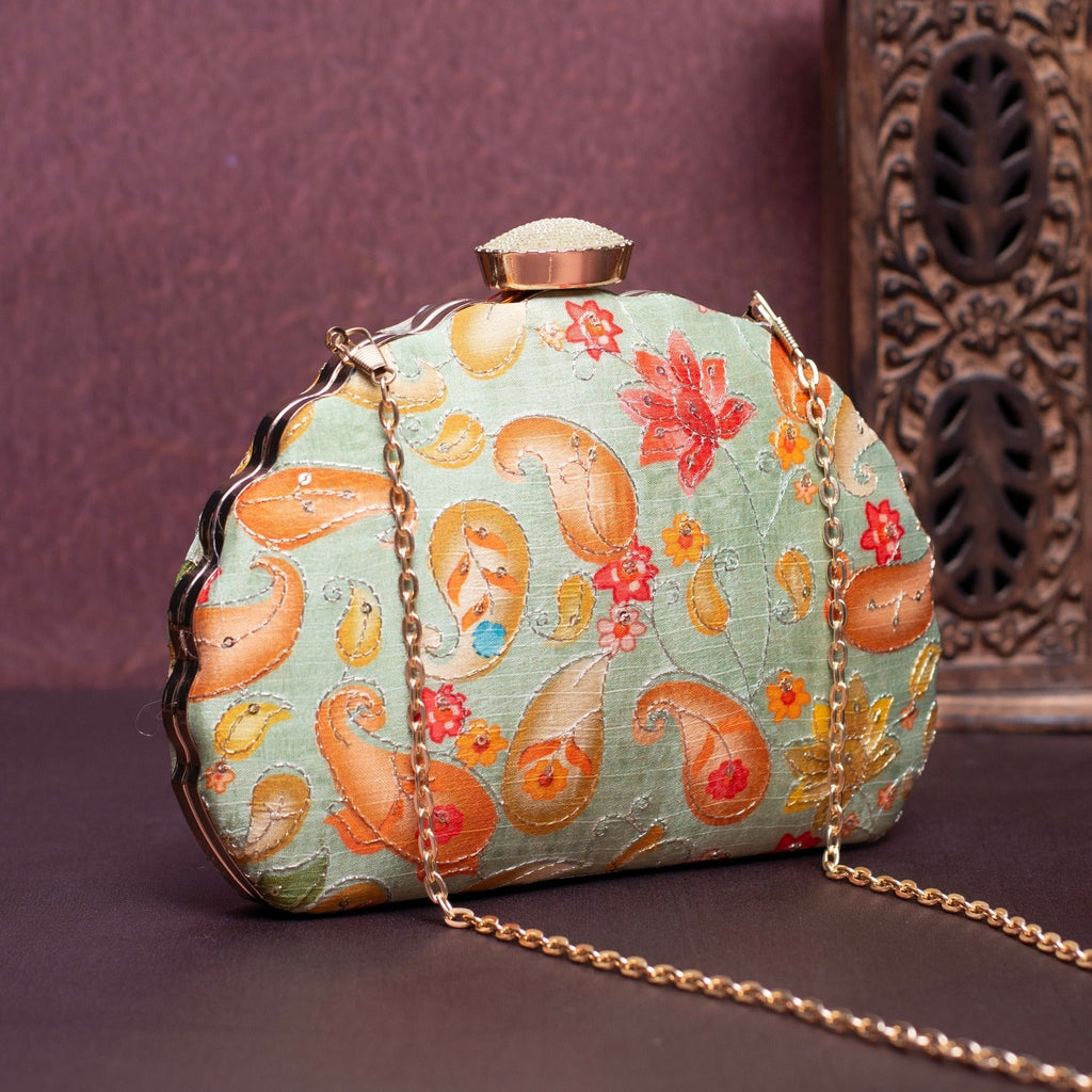 Pastel Green Floral Printed Zari Embroidery D Shaped Clutch Clutch La Vie Bien Pastel Green Floral Printed Zari Embroidery D Shaped Clutch