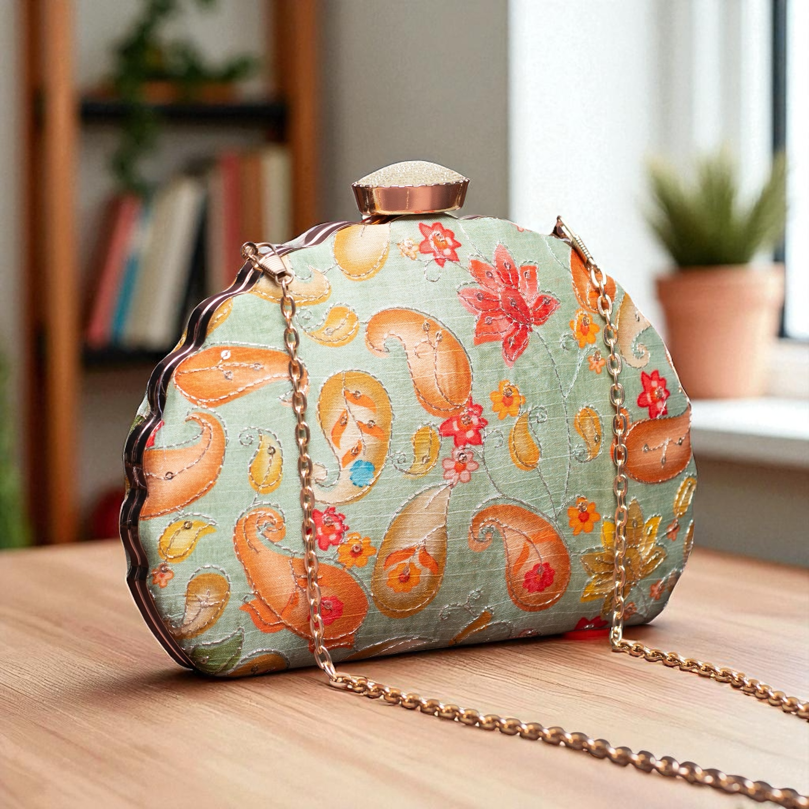 Pastel Green Floral Printed Zari Embroidery D Shaped Clutch Clutch La Vie Bien Pastel Green Floral Printed Zari Embroidery D Shaped Clutch