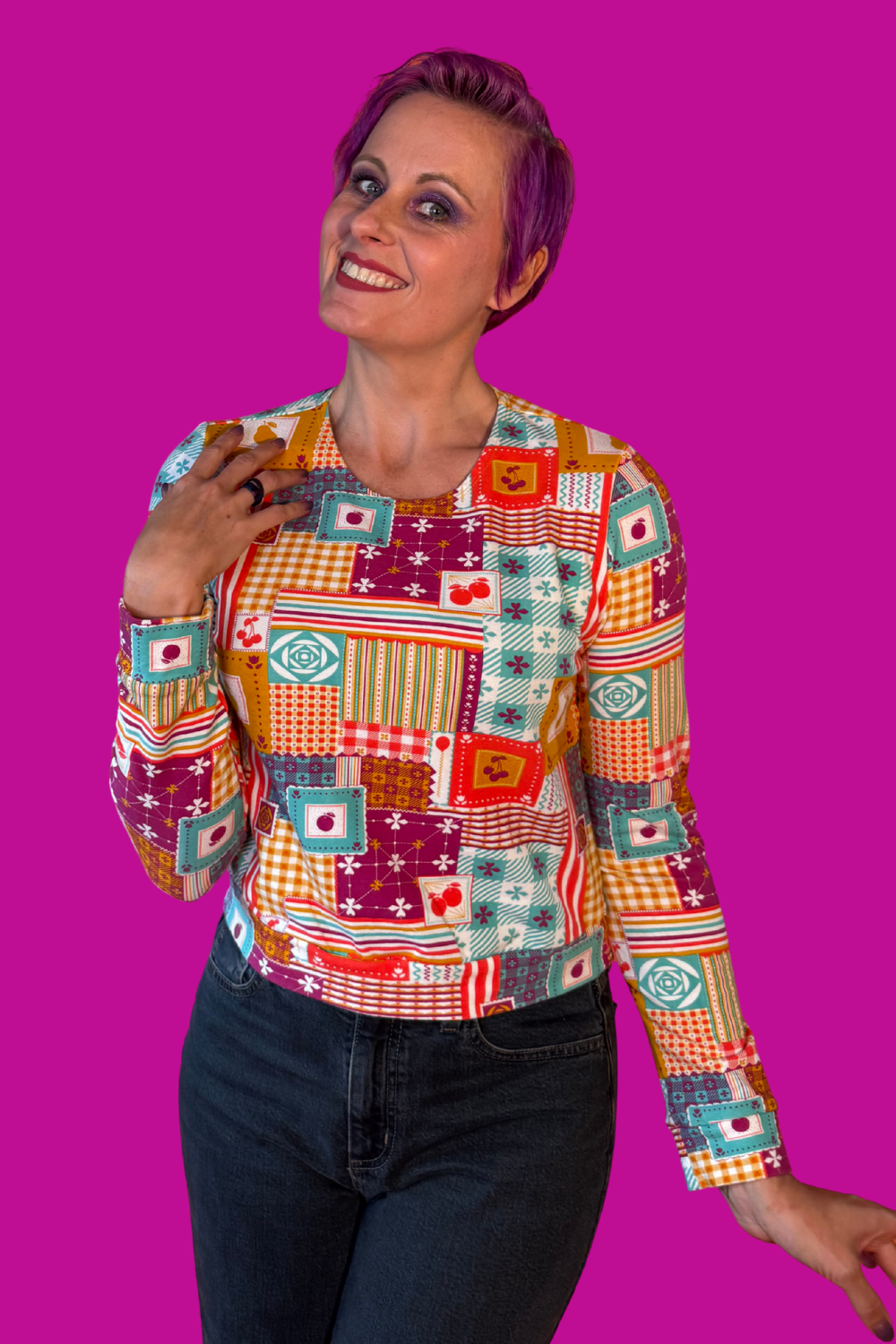 Patchwork Pullover in Magenta Sweatshirt La Vie Bien Patchwork Pullover in Magenta
