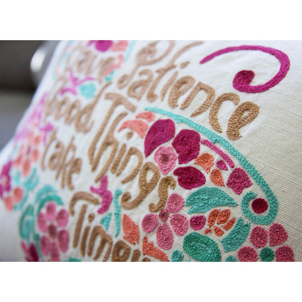 Patience Butterfly Love Letters Hand - Embroidered Pillow - Available in Pink or Blue by CatStudio Pillows La Vie Bien Patience Butterfly Love Letters Hand - Embroidered Pillow - Available in Pink or Blue by CatStudio
