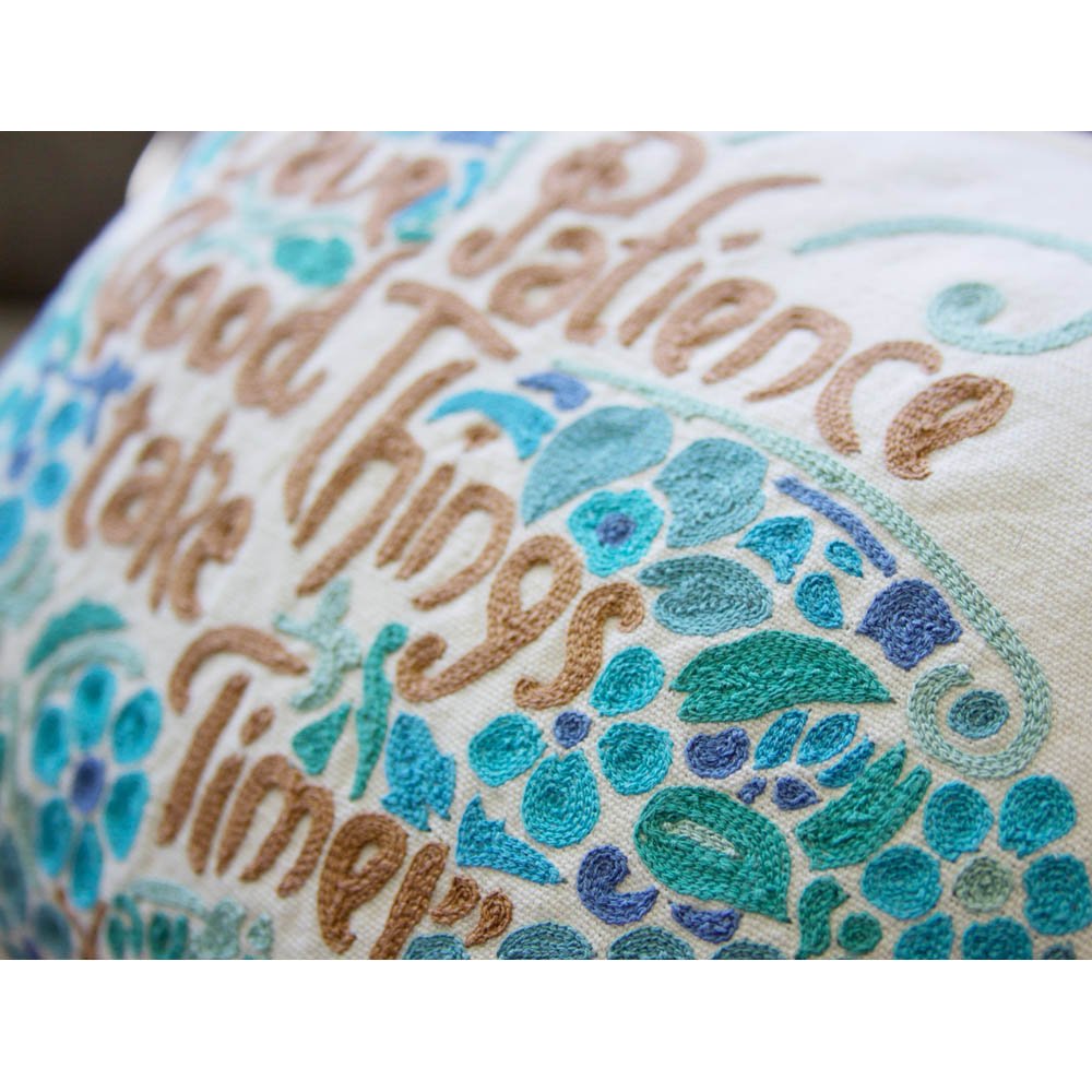 Patience Butterfly Love Letters Hand - Embroidered Pillow - Available in Pink or Blue by CatStudio Pillows La Vie Bien Patience Butterfly Love Letters Hand - Embroidered Pillow - Available in Pink or Blue by CatStudio