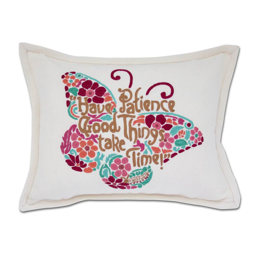 Patience Butterfly Love Letters Hand - Embroidered Pillow - Available in Pink or Blue by CatStudio Pillows La Vie Bien Patience Butterfly Love Letters Hand - Embroidered Pillow - Available in Pink or Blue by CatStudio