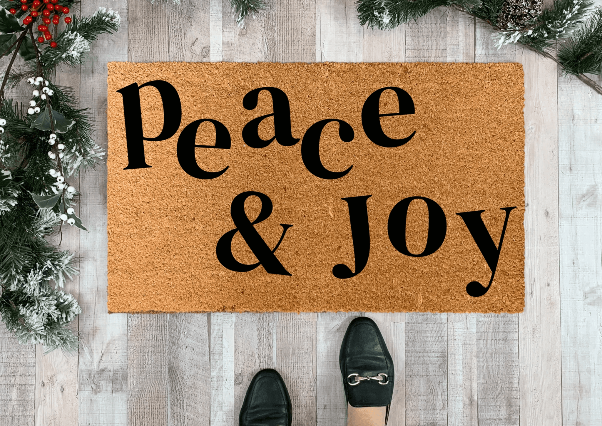 Peace and Joy Christmas Doormat, Natural Coir by Nickel Designs Custom Doormats