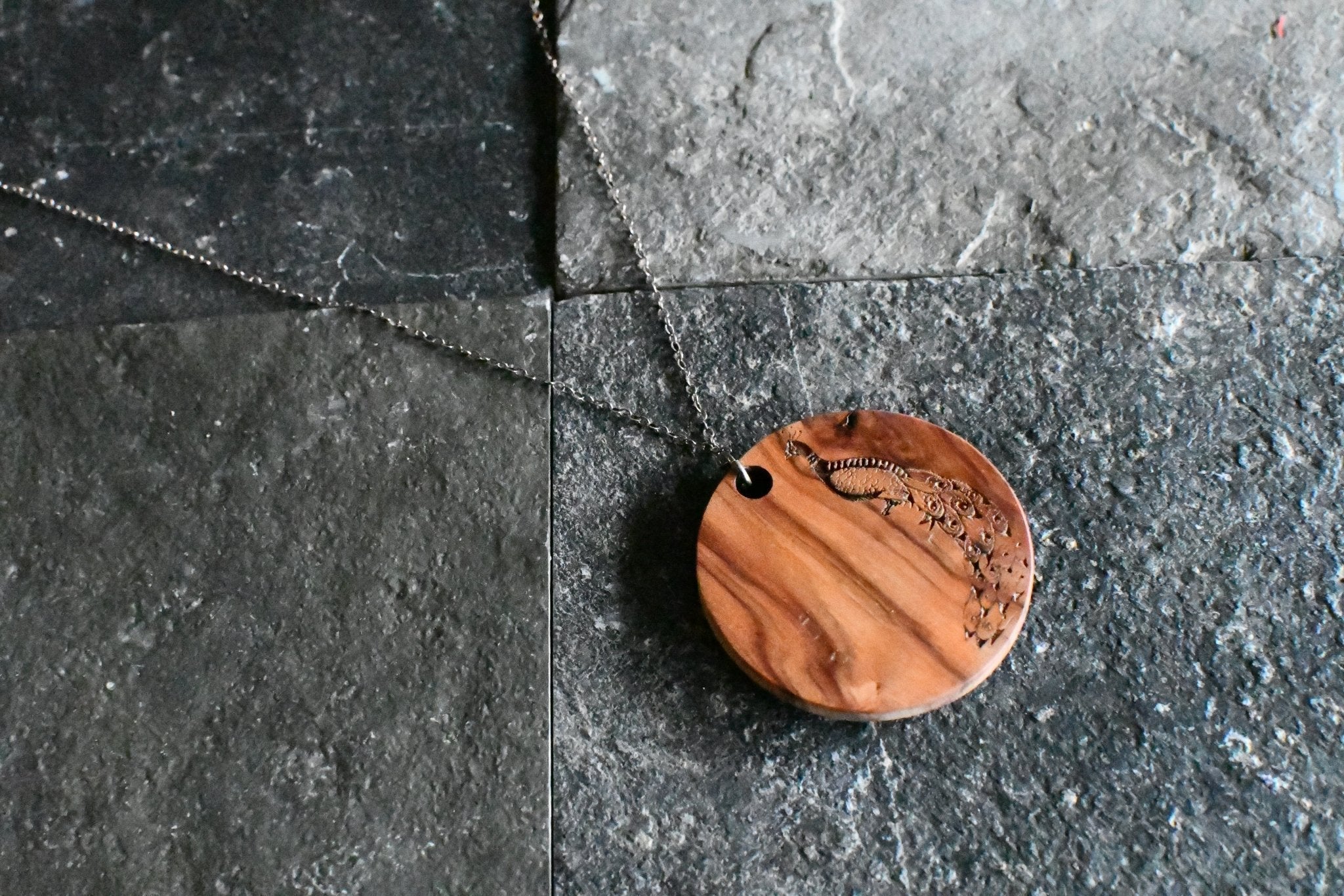 Peacock Pendant – Exotic Wood, 1.5″ Medallion, 18″ Sterling Necklaces La Vie Bien Peacock Pendant – Exotic Wood, 1.5″ Medallion, 18″ Sterling