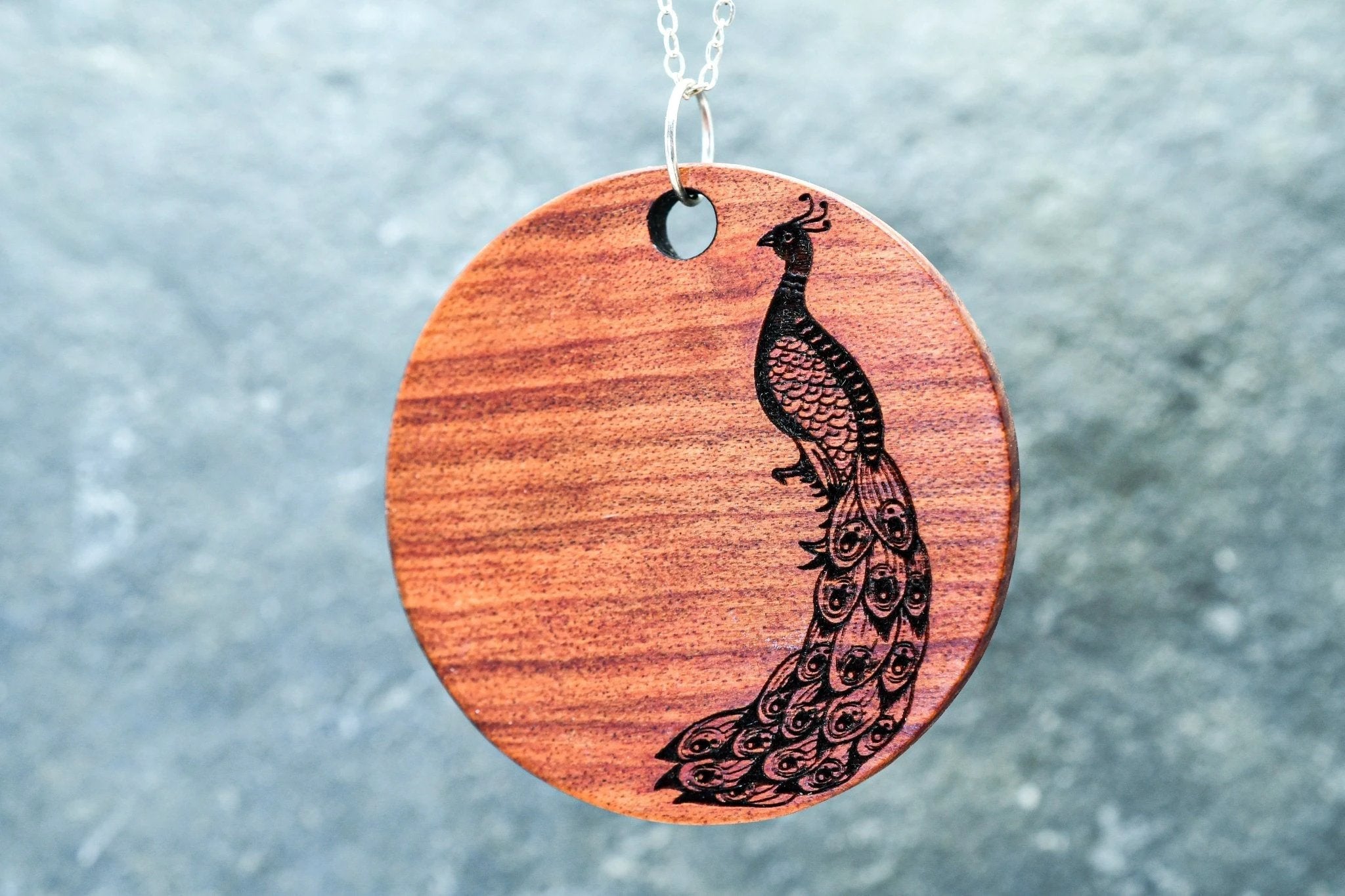 Peacock Pendant – Exotic Wood, 1.5″ Medallion, 18″ Sterling