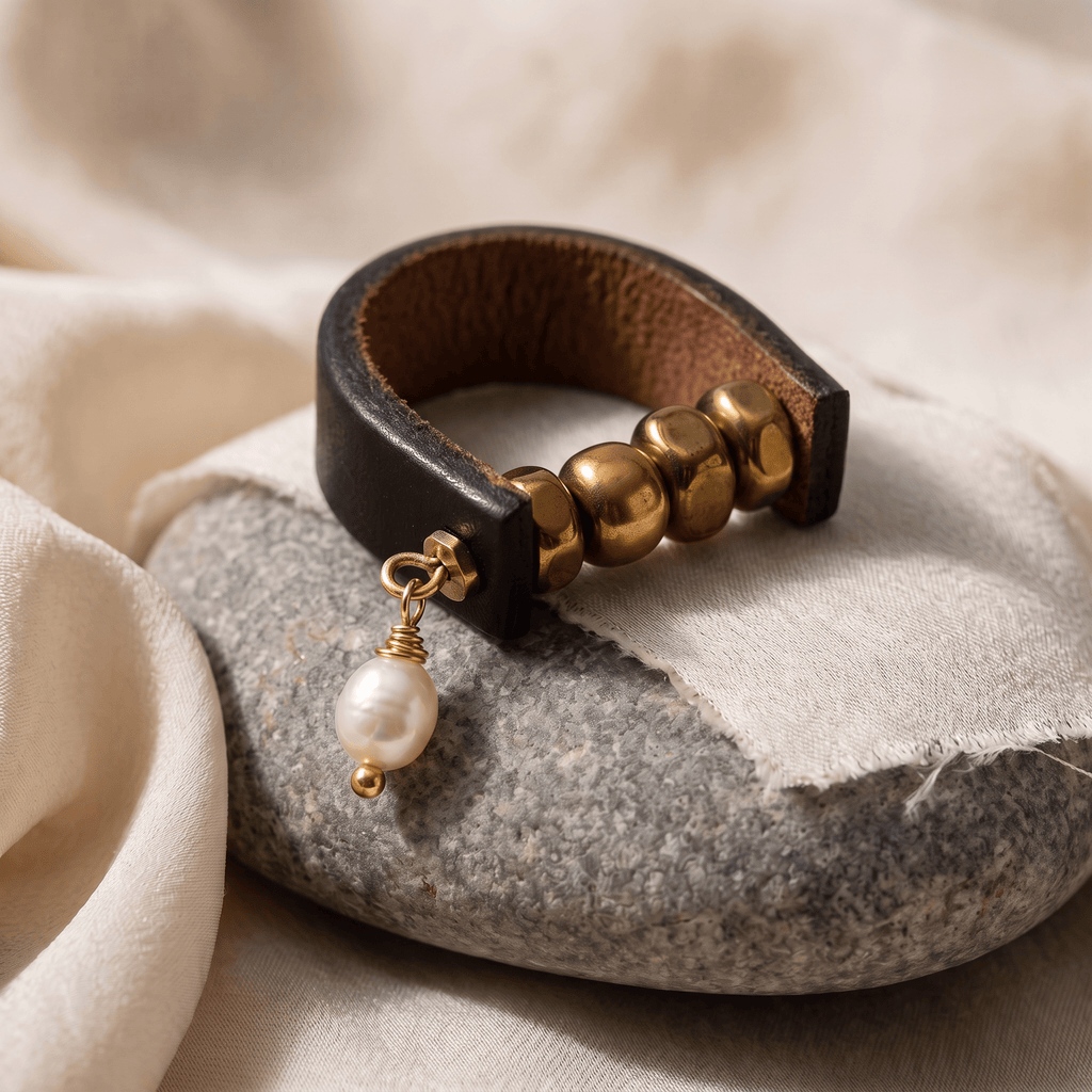 Pearl and Gold Leather Ring Rings La Vie Bien Pearl and Gold Leather Ring
