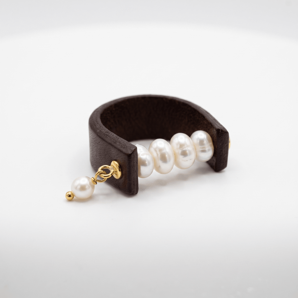 Pearl and Gold Leather Ring Rings La Vie Bien Pearl and Gold Leather Ring