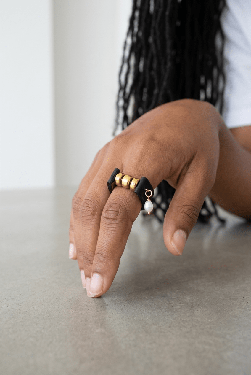 Pearl and Gold Leather Ring Rings La Vie Bien Pearl and Gold Leather Ring