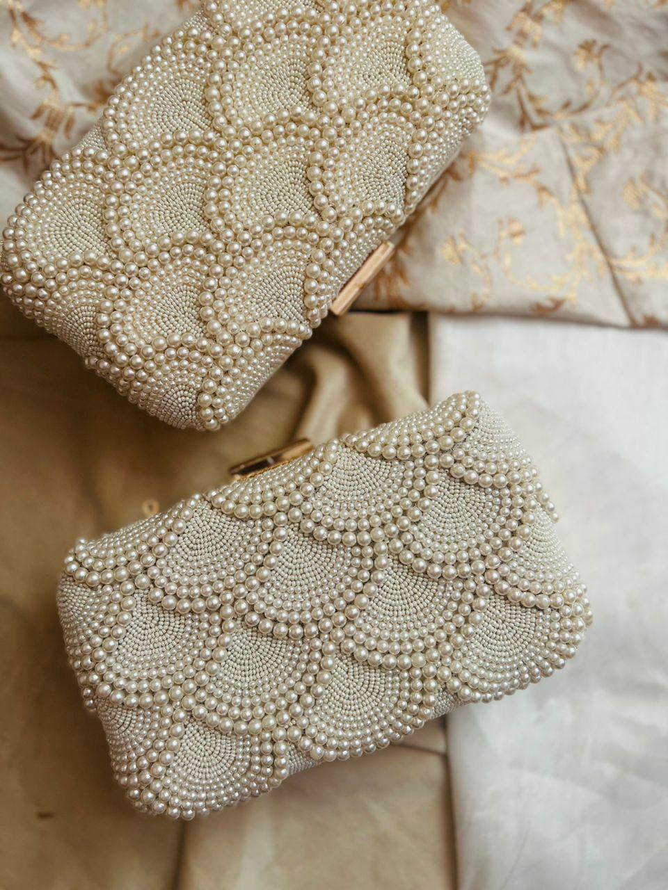 Pearl Beaded Clutch - Scalloped Crossbody Purse Bag La Vie Bien Pearl Beaded Clutch - Scalloped Crossbody Purse Bag