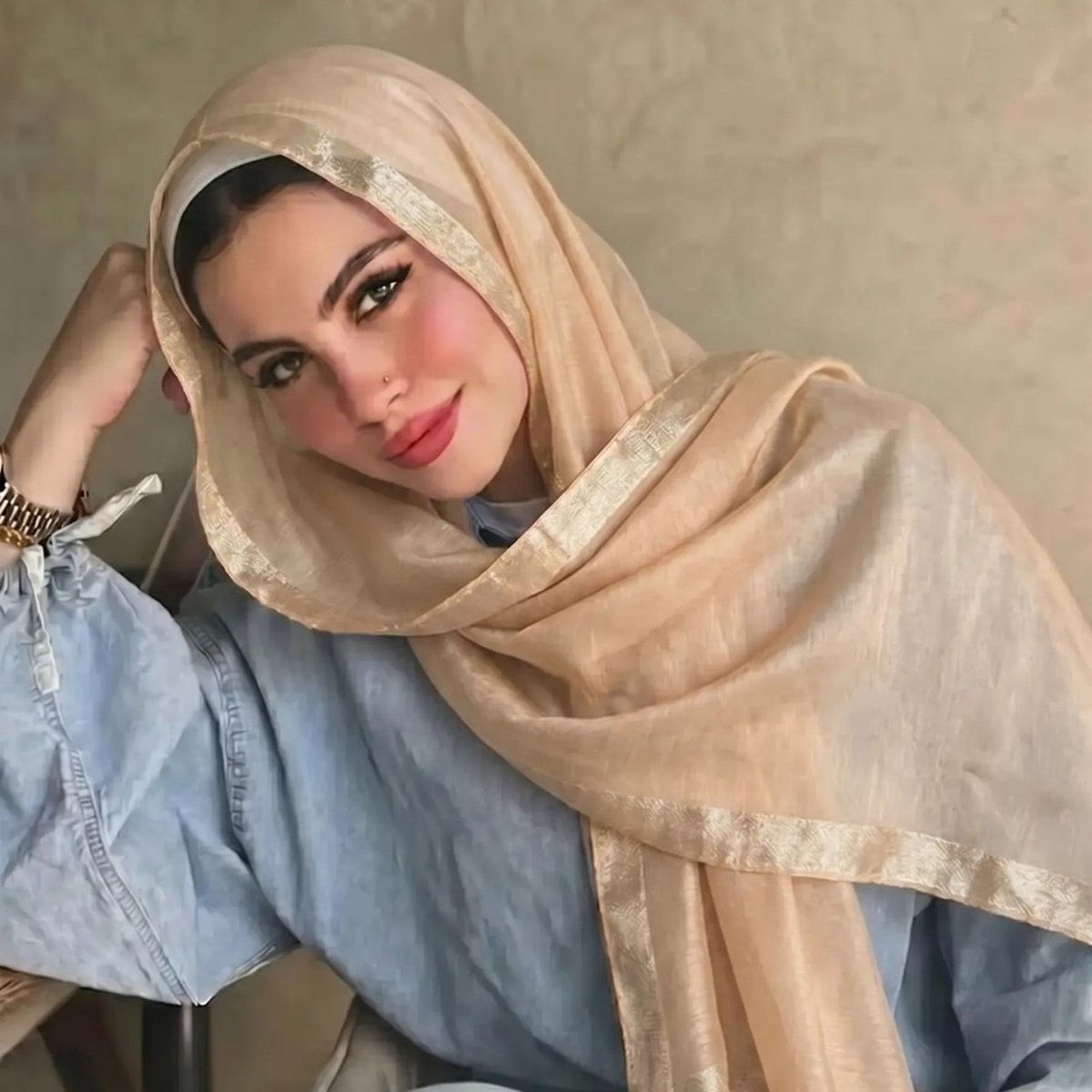 Pearl Beaded Gold Border Chiffon Hijab Shawl(MH236) La Vie Bien Pearl Beaded Gold Border Chiffon Hijab Shawl(MH236)