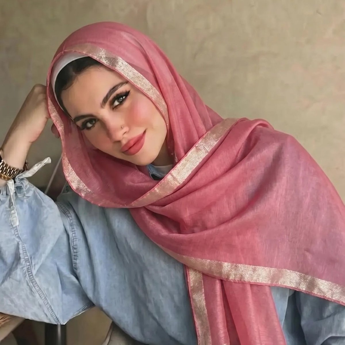 Pearl Beaded Gold Border Chiffon Hijab Shawl(MH236) La Vie Bien Pearl Beaded Gold Border Chiffon Hijab Shawl(MH236)