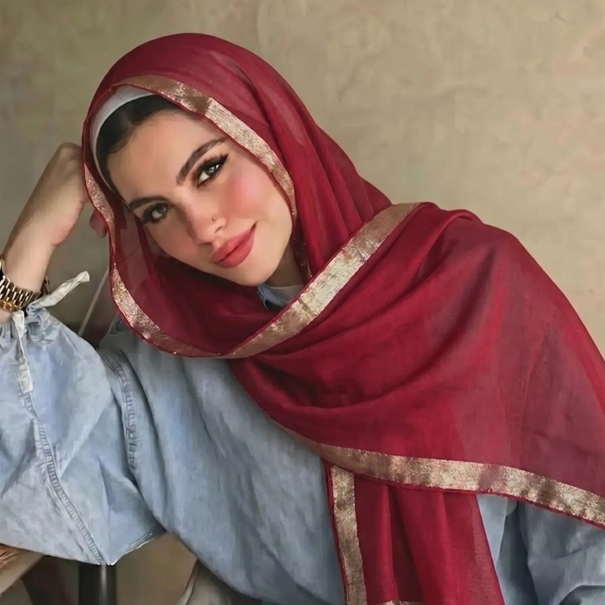 Pearl Beaded Gold Border Chiffon Hijab Shawl(MH236) La Vie Bien Pearl Beaded Gold Border Chiffon Hijab Shawl(MH236)