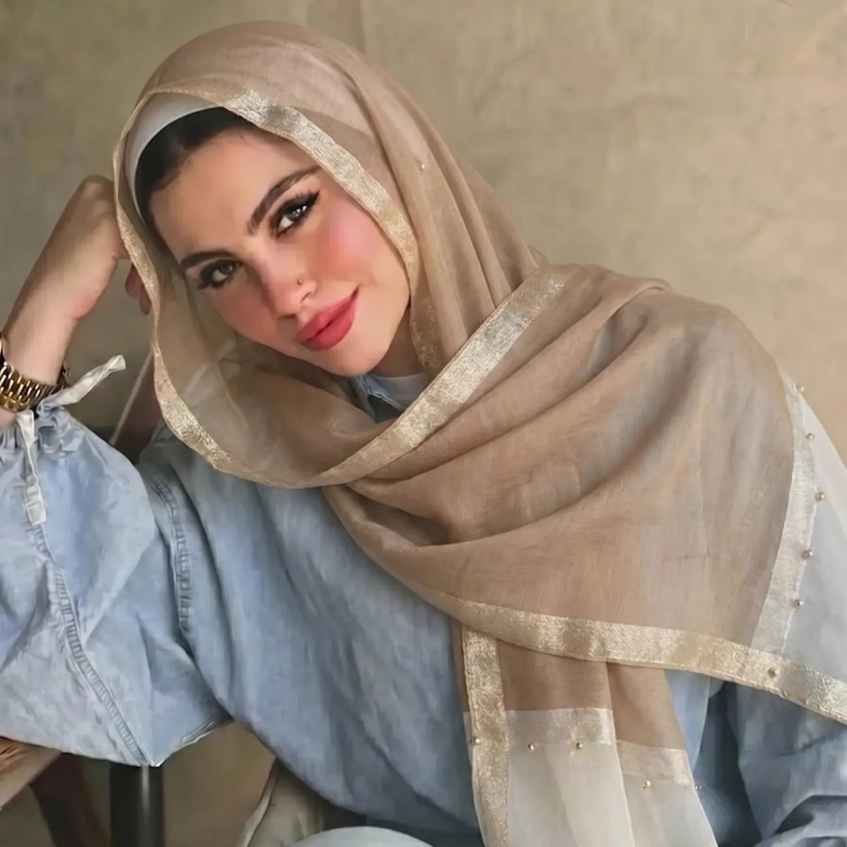Pearl Beaded Gold Border Chiffon Hijab Shawl(MH236) La Vie Bien Pearl Beaded Gold Border Chiffon Hijab Shawl(MH236)