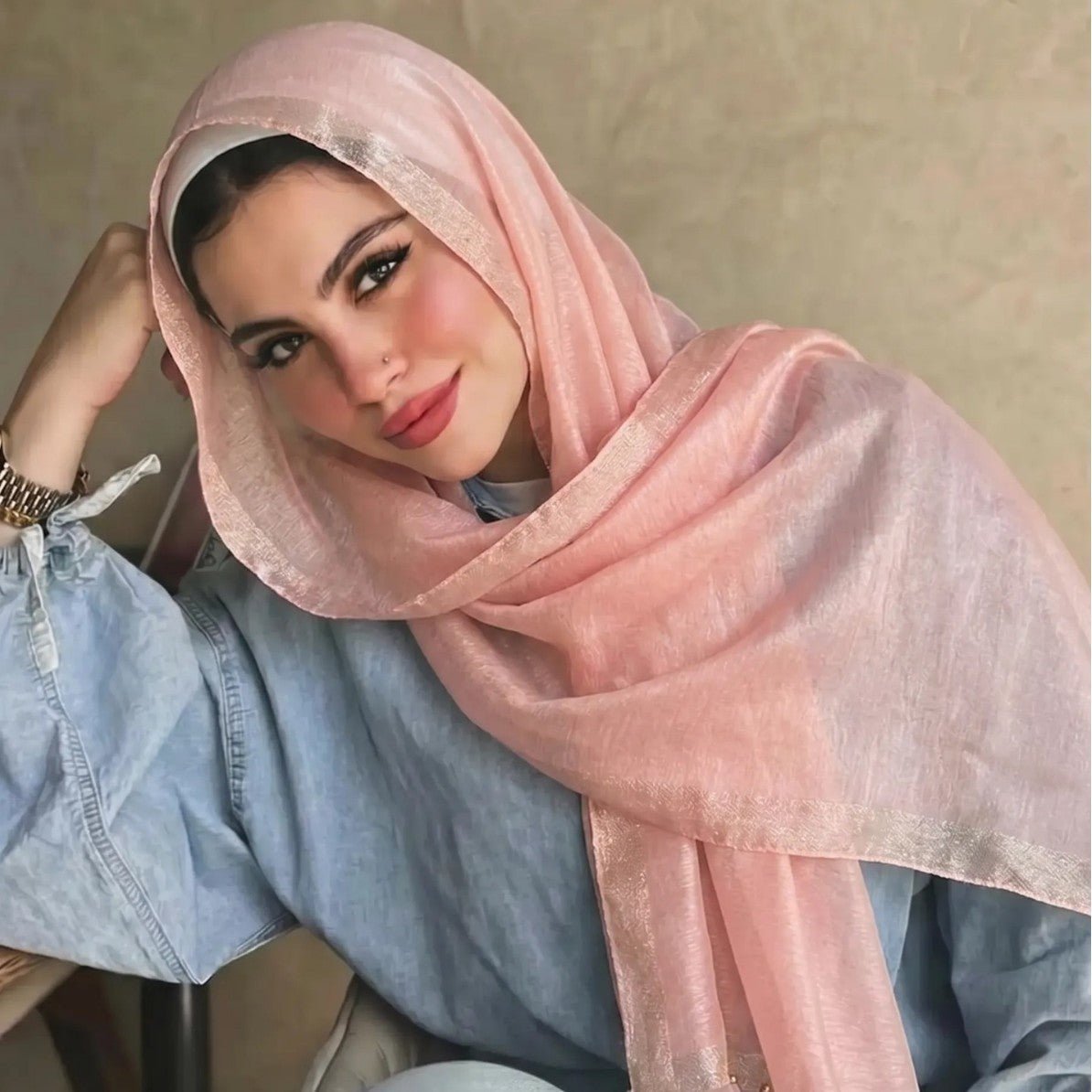 Pearl Beaded Gold Border Chiffon Hijab Shawl(MH236) La Vie Bien Pearl Beaded Gold Border Chiffon Hijab Shawl(MH236)