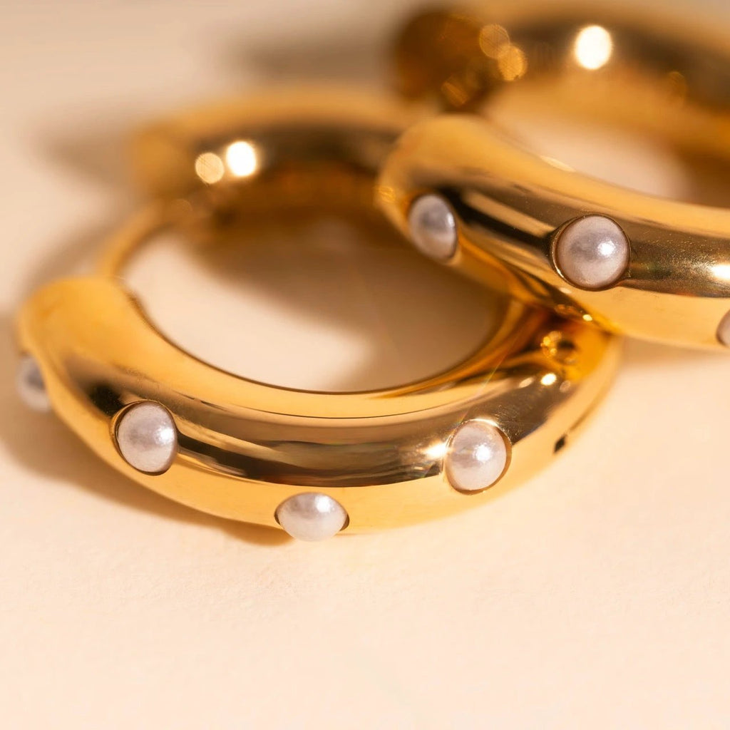 Pearl Chunky Rounded Huggie Hoop Earrings by Oh Clementine