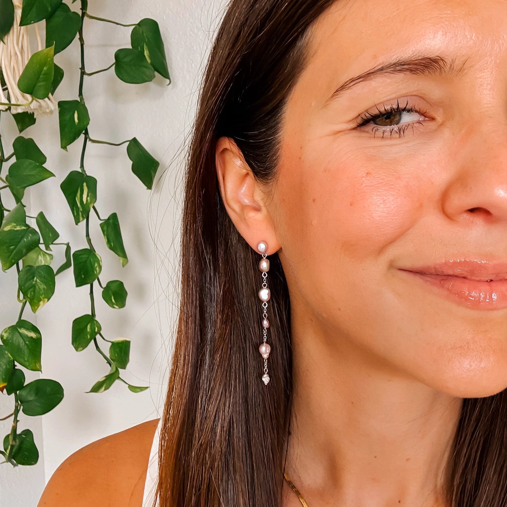 Pearl Dangle Chain Stud Earrings by Oh Clementine