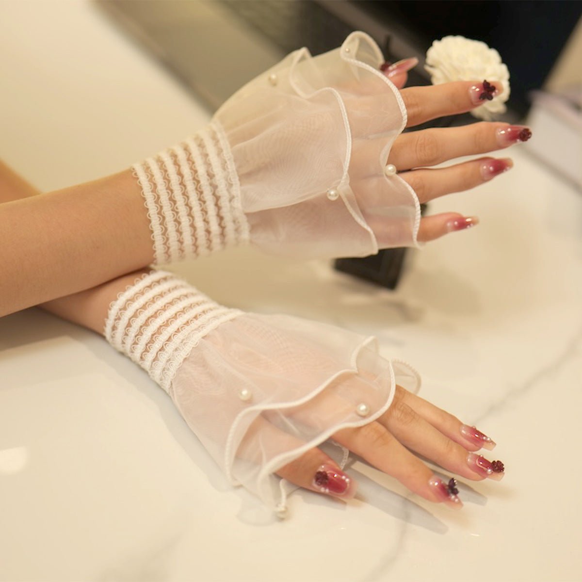 Pearl Trim Organza Ruffle Cuff Sleeves (MAC424) La Vie Bien Pearl Trim Organza Ruffle Cuff Sleeves (MAC424)