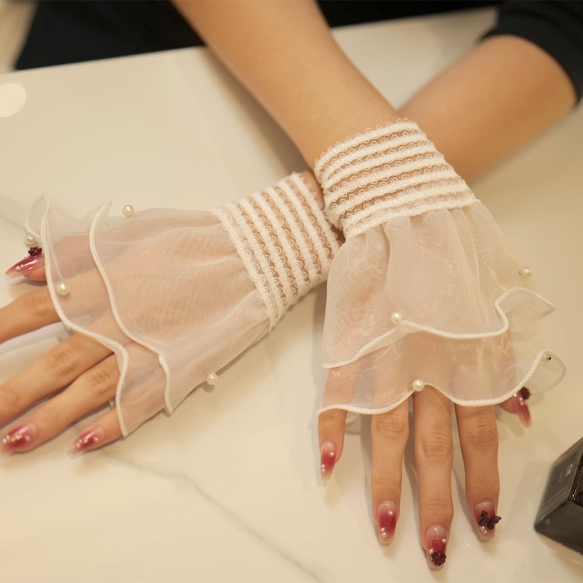 Pearl Trim Organza Ruffle Cuff Sleeves (MAC424) La Vie Bien Pearl Trim Organza Ruffle Cuff Sleeves (MAC424)