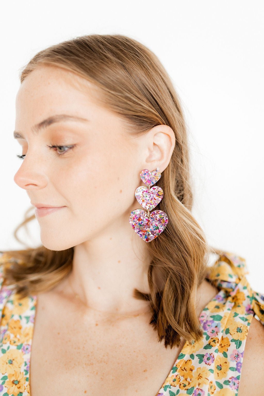 Penny Heart Statement Earrings - Pink Birthday Confetti Acetate La Vie Bien Penny Heart Statement Earrings - Pink Birthday Confetti