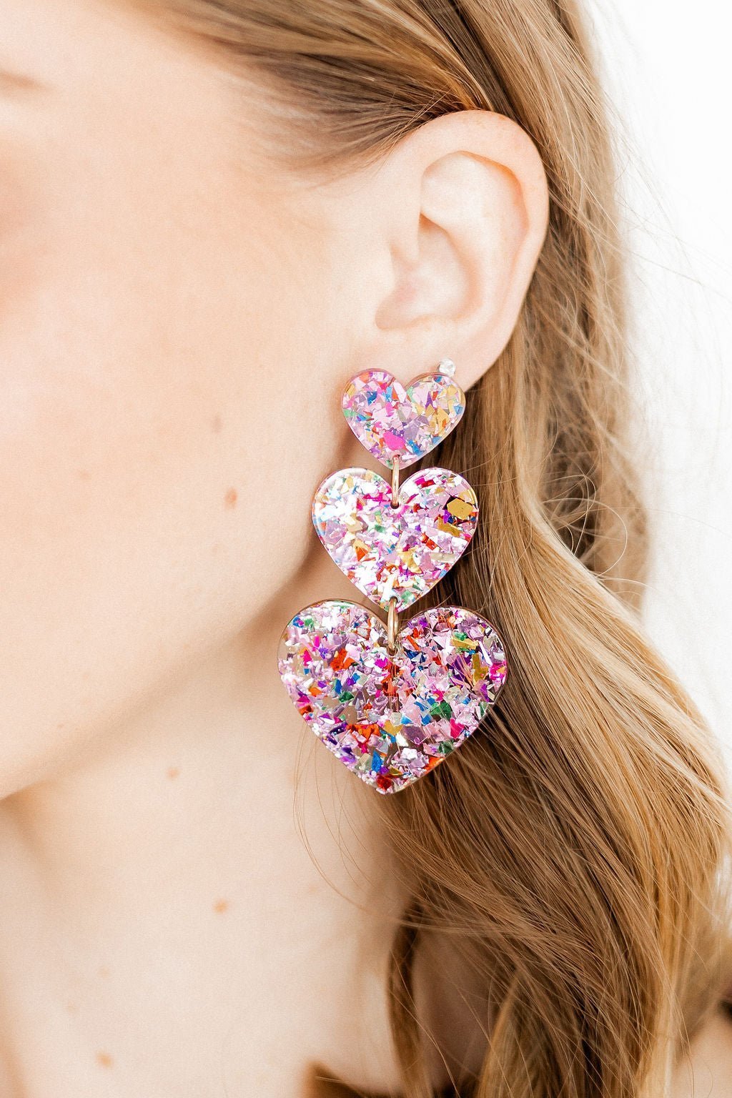 Penny Heart Statement Earrings - Pink Birthday Confetti Acetate La Vie Bien Penny Heart Statement Earrings - Pink Birthday Confetti