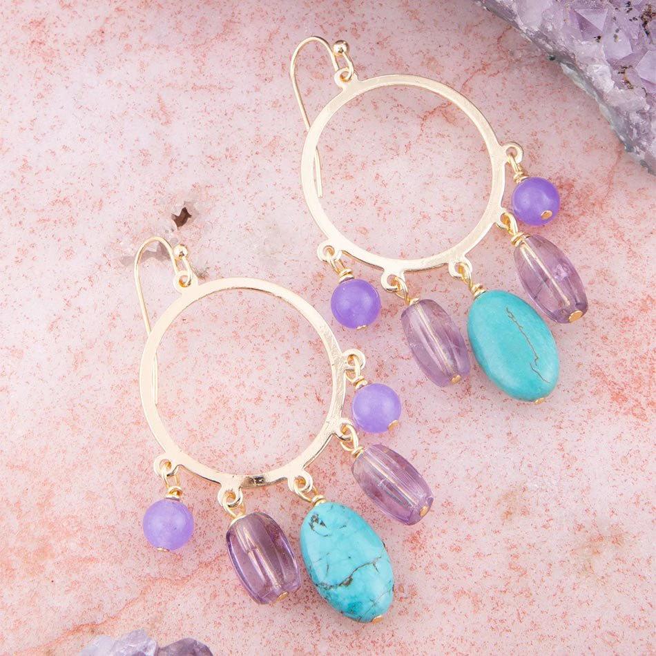 Purple Periwinkle Amethyst and Blue Magnesite Golden Chandelier Earrings by Barse Jewelry