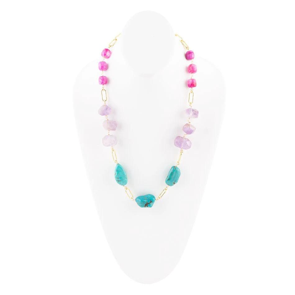 Purple Periwinkle Amethyst and Blue Turquoise Long Golden Necklace by Barse Jewelry