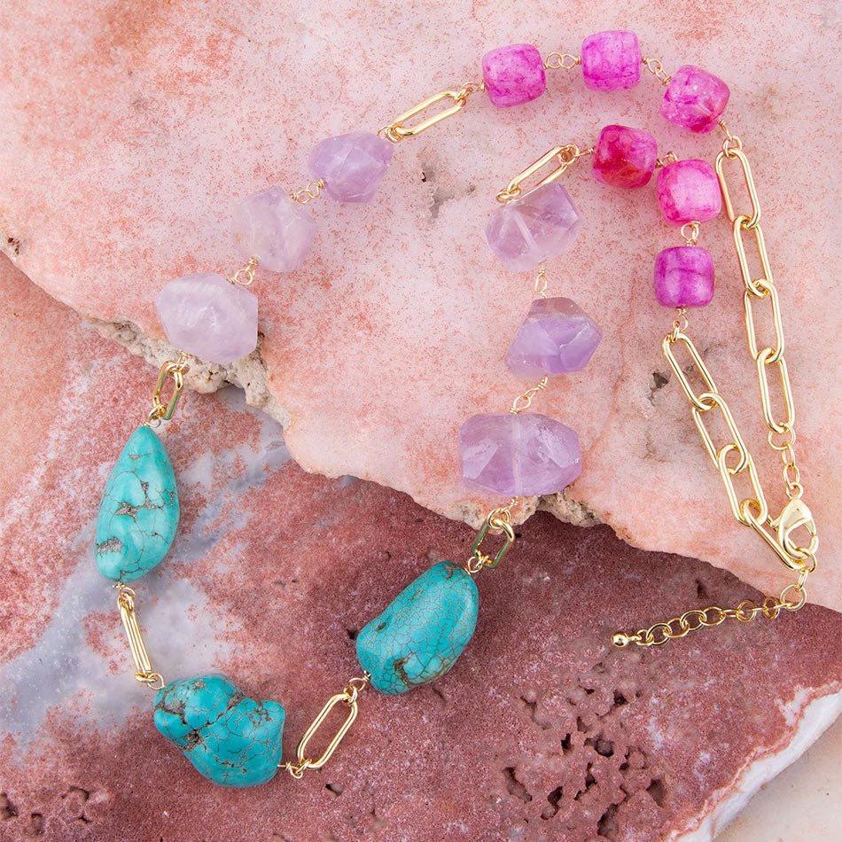 Purple Periwinkle Amethyst and Blue Turquoise Long Golden Necklace by Barse Jewelry