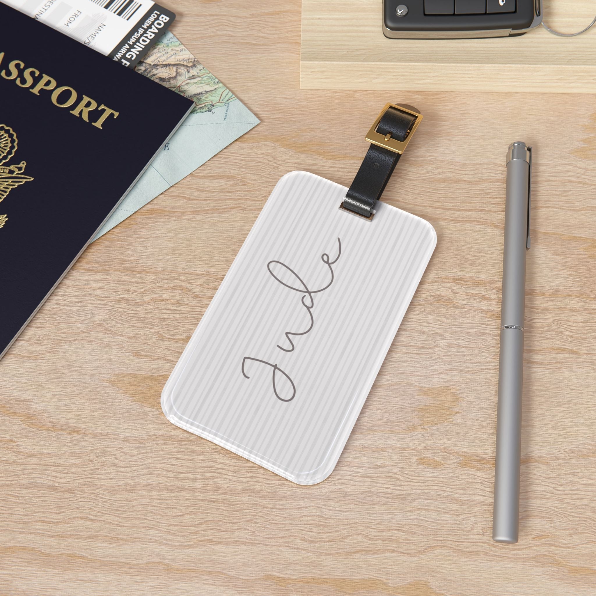 Personalized Minimalist Luggage Tag, Custom Script Name on Subtle Striped Background Accessories La Vie Bien Personalized Minimalist Luggage Tag, Custom Script Name on Subtle Striped Background