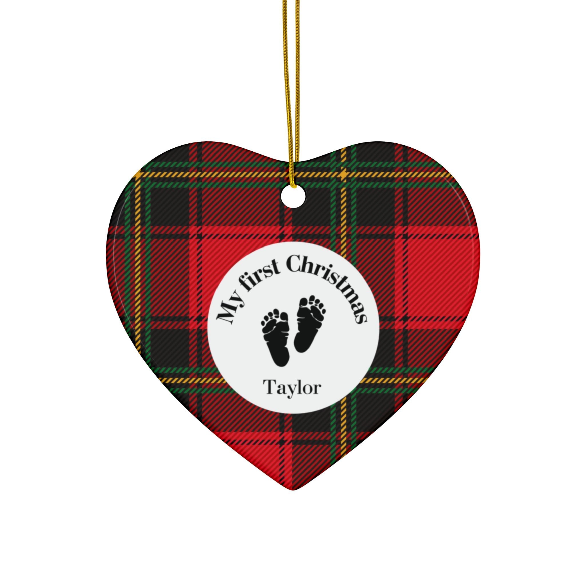 Personalized 'My First Christmas' Baby Ornament — Red Tartan Ceramic ornament in 4 shapes with Custom Name Home Decor La Vie Bien Personalized 'My First Christmas' Baby Ornament — Red Tartan Ceramic ornament in 4 shapes with Custom Name