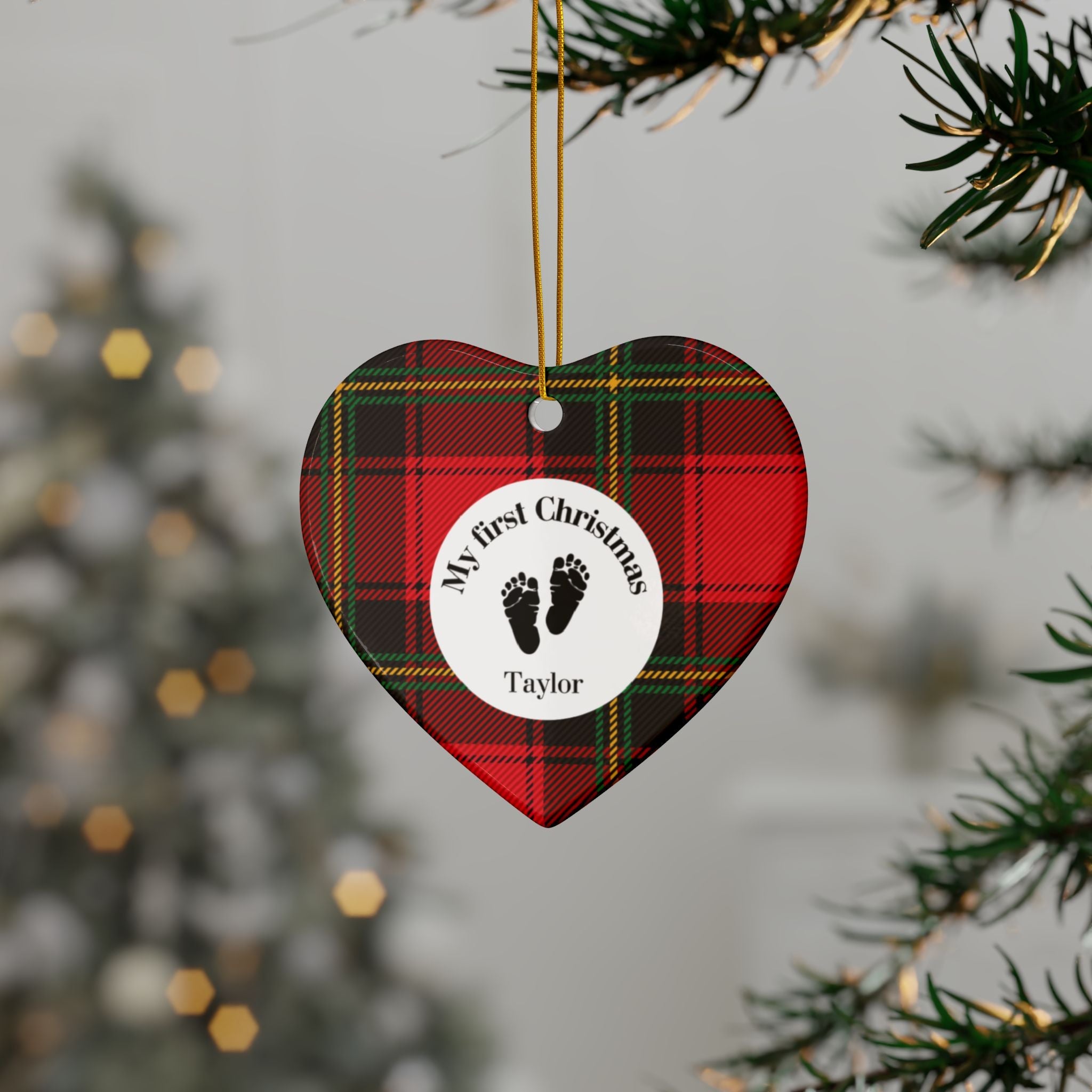 Personalized 'My First Christmas' Baby Ornament — Red Tartan Ceramic ornament in 4 shapes with Custom Name Home Decor La Vie Bien Personalized 'My First Christmas' Baby Ornament — Red Tartan Ceramic ornament in 4 shapes with Custom Name