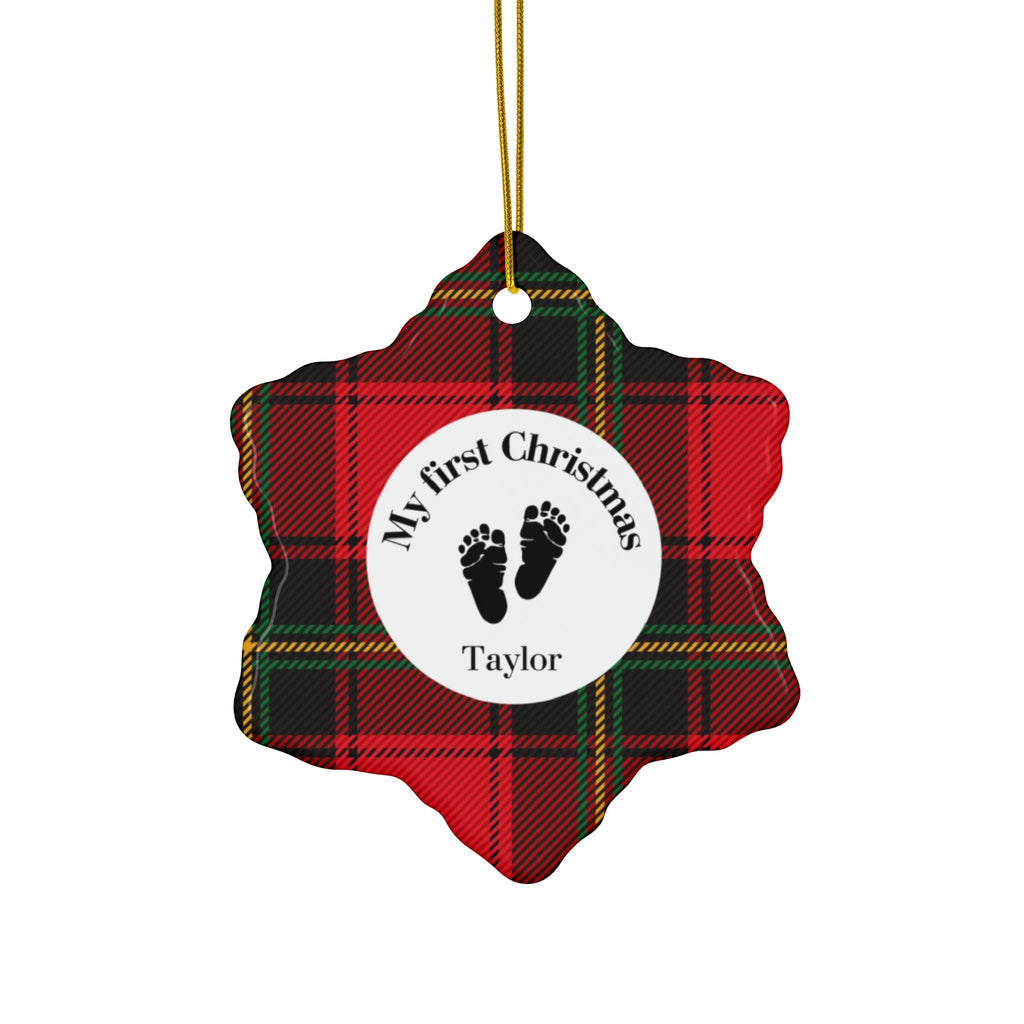 Personalized 'My First Christmas' Baby Ornament — Red Tartan Ceramic ornament in 4 shapes with Custom Name Home Decor La Vie Bien Personalized 'My First Christmas' Baby Ornament — Red Tartan Ceramic ornament in 4 shapes with Custom Name