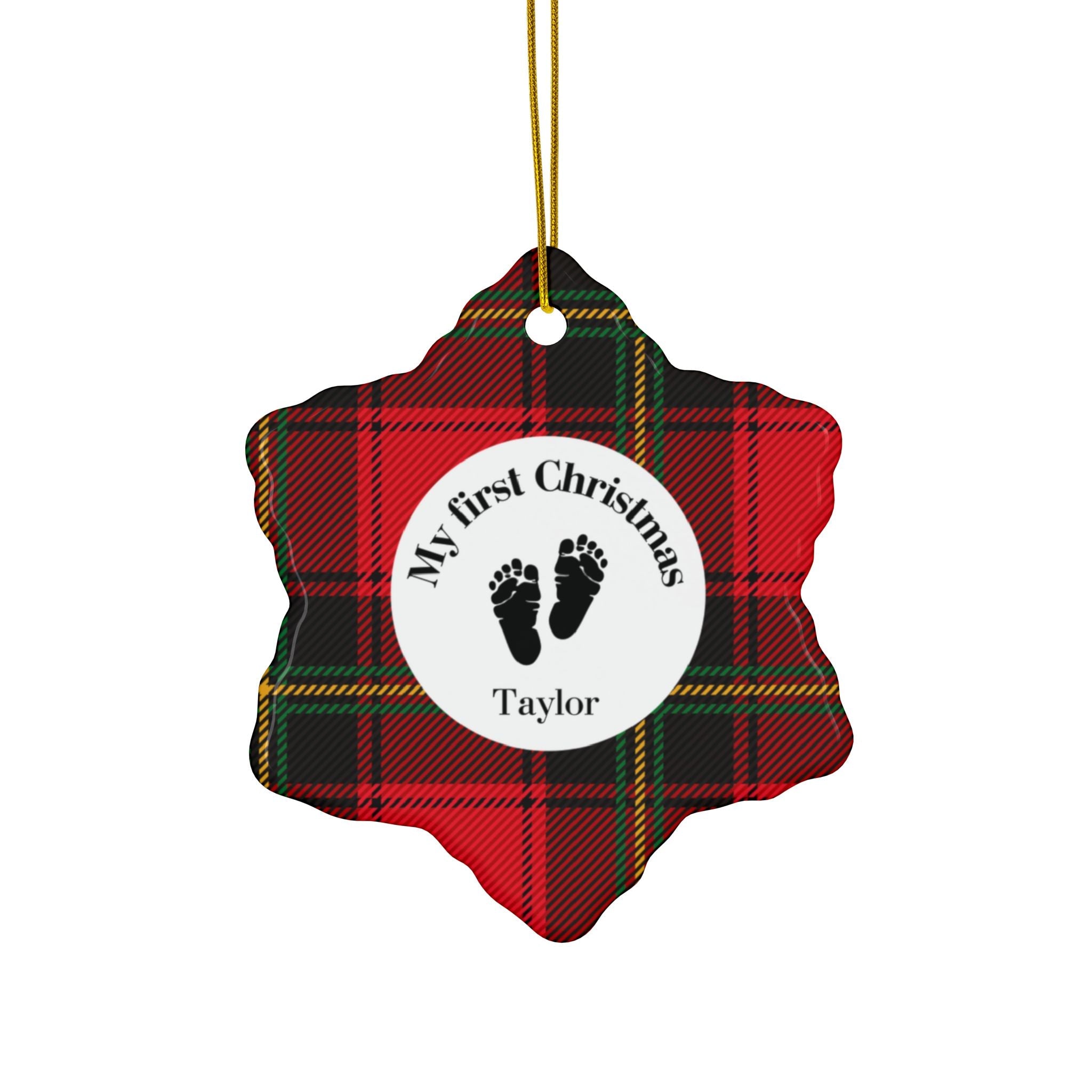 Personalized 'My First Christmas' Baby Ornament — Red Tartan Ceramic ornament in 4 shapes with Custom Name Home Decor La Vie Bien Personalized 'My First Christmas' Baby Ornament — Red Tartan Ceramic ornament in 4 shapes with Custom Name