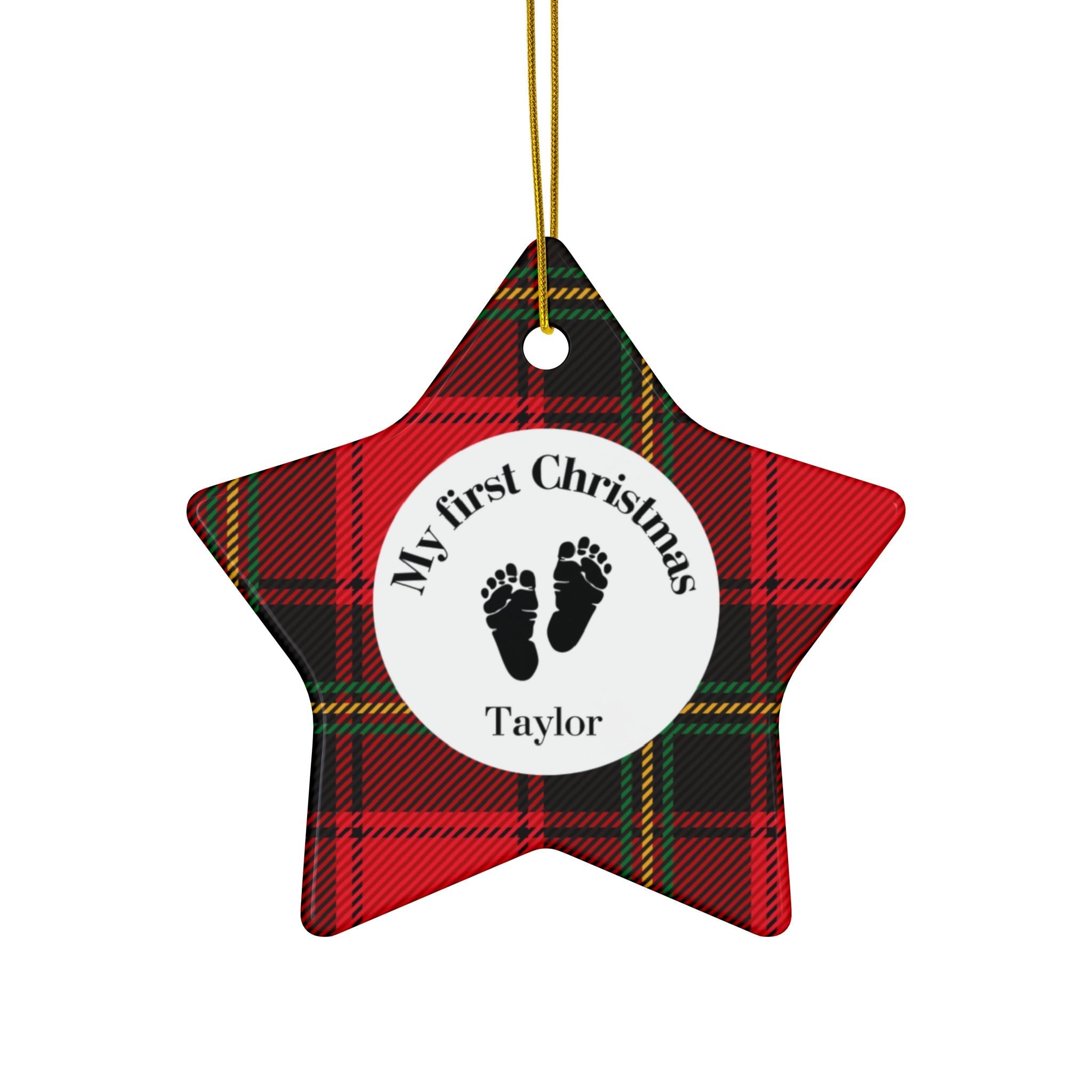 Personalized 'My First Christmas' Baby Ornament — Red Tartan Ceramic ornament in 4 shapes with Custom Name Home Decor La Vie Bien Personalized 'My First Christmas' Baby Ornament — Red Tartan Ceramic ornament in 4 shapes with Custom Name