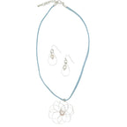 Petals silver flower and pearl pendant on a blue suede necklace by Alegria Accessories Inc